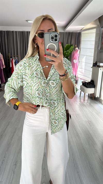 Şal Desen Modal Tencel Yeşil Gömlek