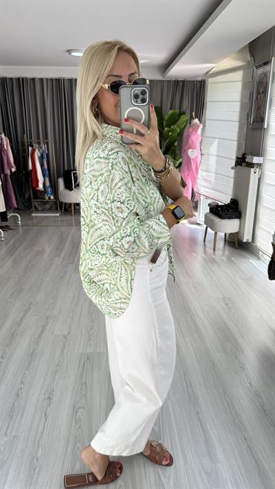 Şal Desen Modal Tencel Yeşil Gömlek