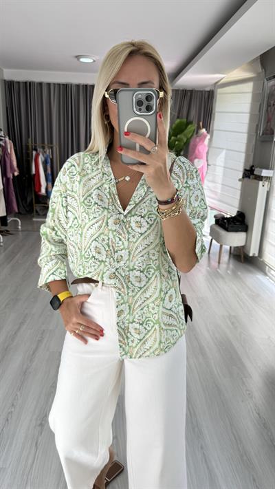 Şal Desen Modal Tencel Yeşil Gömlek