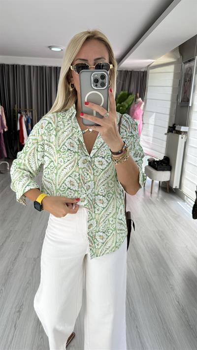Şal Desen Modal Tencel Yeşil Gömlek