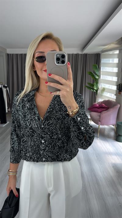 Şal Desen Siyah Saten Gömlek