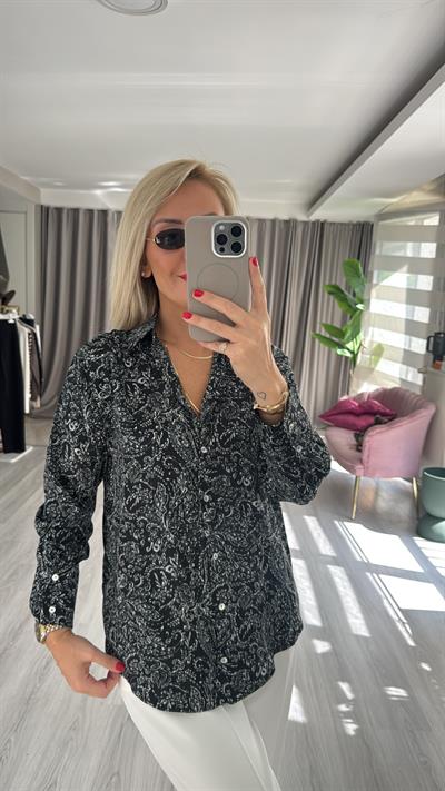 Şal Desen Siyah Saten Gömlek