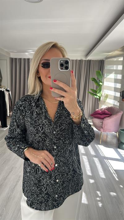 Şal Desen Siyah Saten Gömlek