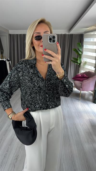 Şal Desen Siyah Saten Gömlek