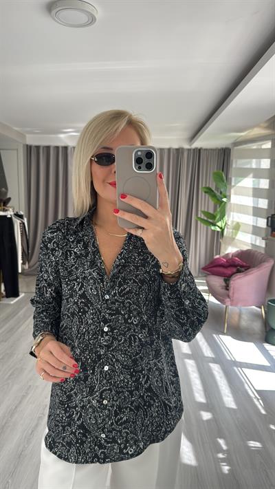 Şal Desen Siyah Saten Gömlek