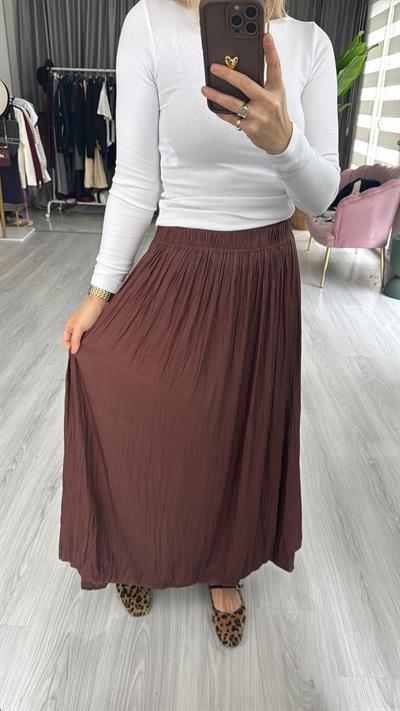 Saten Krinkıl Kahverengi Etek