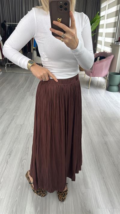 Saten Krinkıl Kahverengi Etek