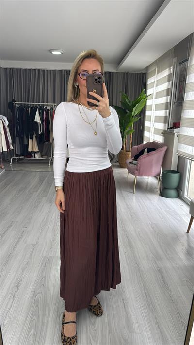 Saten Krinkıl Kahverengi Etek