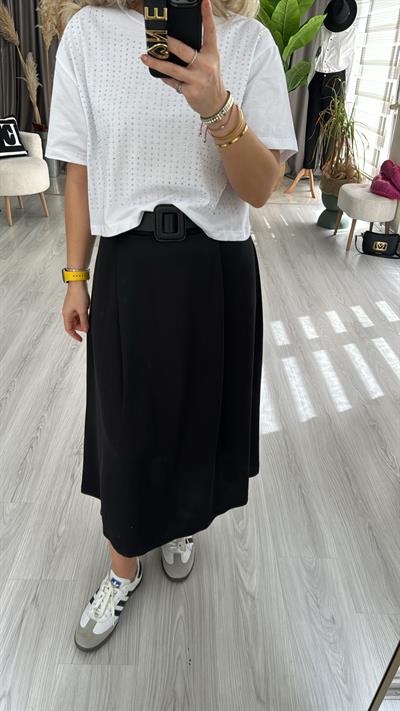 SATEN PİLELİ, KEMERLİ SİYAH KLOŞ ETEK