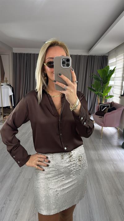 Sedef Düğmeli Acı Kahve Saten Gömlek