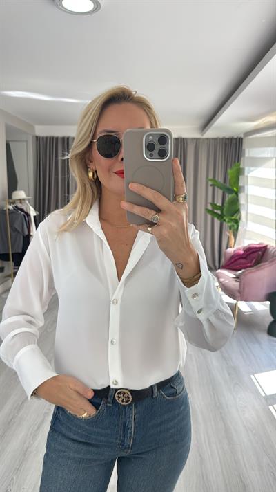 Sedef Düğmeli Ekru Krep Kumaş Gömlek