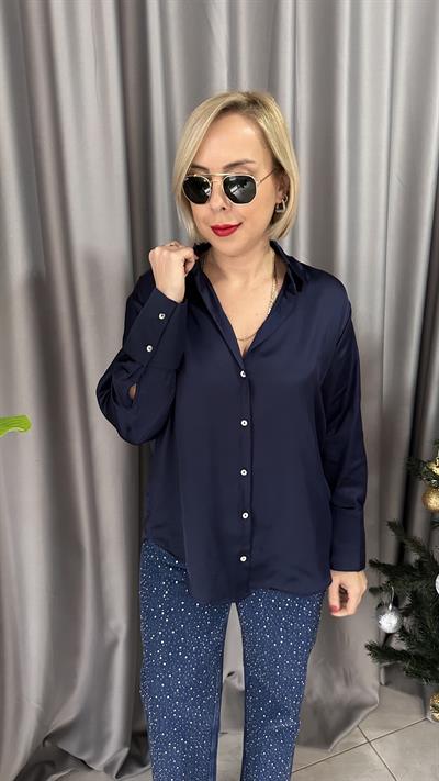 SEDEF DÜĞMELİ LACİVERT SATEN GÖMLEK