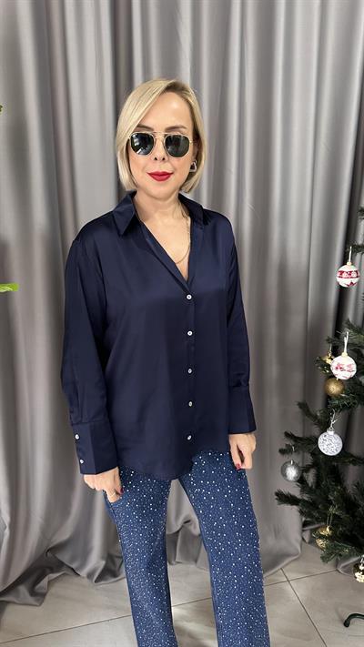 SEDEF DÜĞMELİ LACİVERT SATEN GÖMLEK