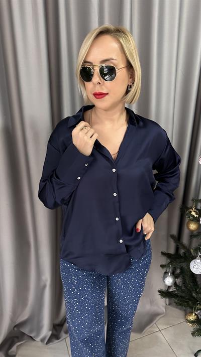 SEDEF DÜĞMELİ LACİVERT SATEN GÖMLEK