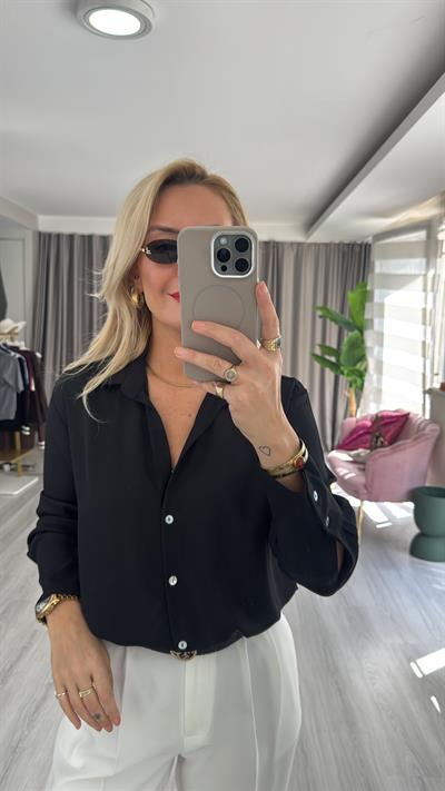 Sedef Düğmeli Siyah Krep Kumaş Gömlek