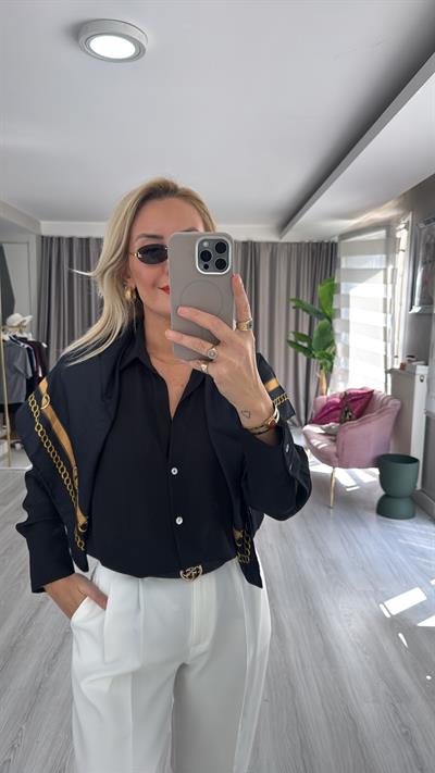 Sedef Düğmeli Siyah Krep Kumaş Gömlek