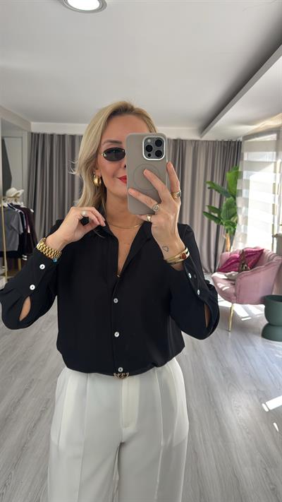 Sedef Düğmeli Siyah Krep Kumaş Gömlek