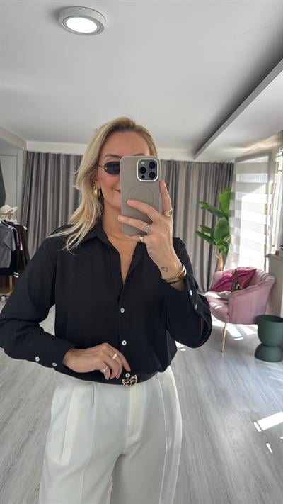 Sedef Düğmeli Siyah Krep Kumaş Gömlek