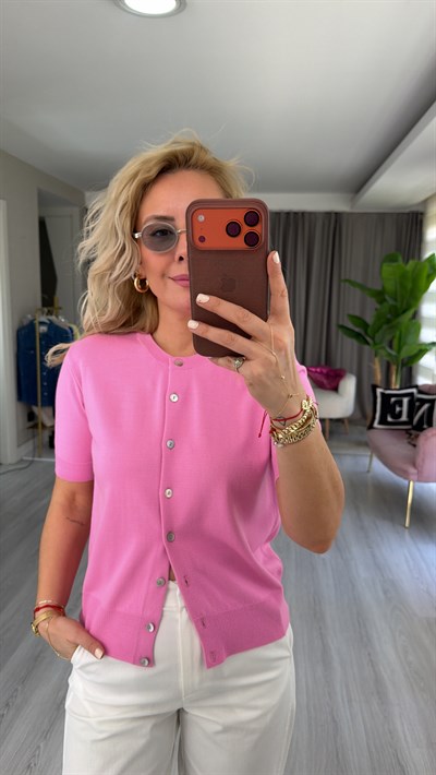 Sedef Düğmeli Yarım Kol Pembe Triko