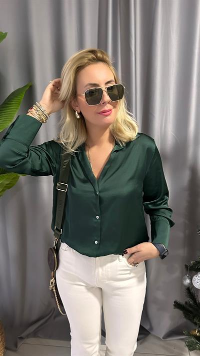 SEDEF DÜĞMELİ ZÜMRÜT YEŞİLİ SATEN GÖMLEK