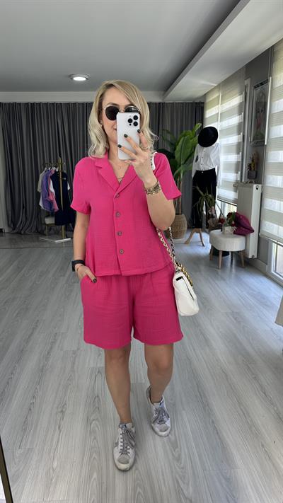 ŞEHİR BOY ŞORTLU, MÜSLİN, PEMBE İKİLİ TAKIM