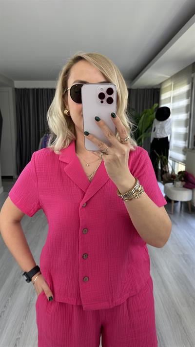 ŞEHİR BOY ŞORTLU, MÜSLİN, PEMBE İKİLİ TAKIM