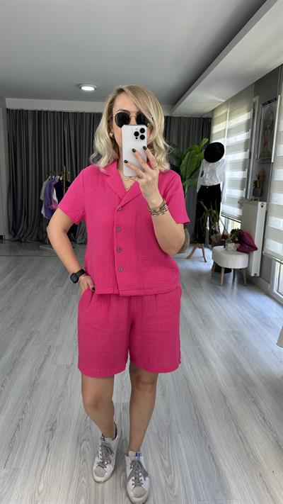 ŞEHİR BOY ŞORTLU, MÜSLİN, PEMBE İKİLİ TAKIM