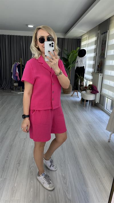 ŞEHİR BOY ŞORTLU, MÜSLİN, PEMBE İKİLİ TAKIM