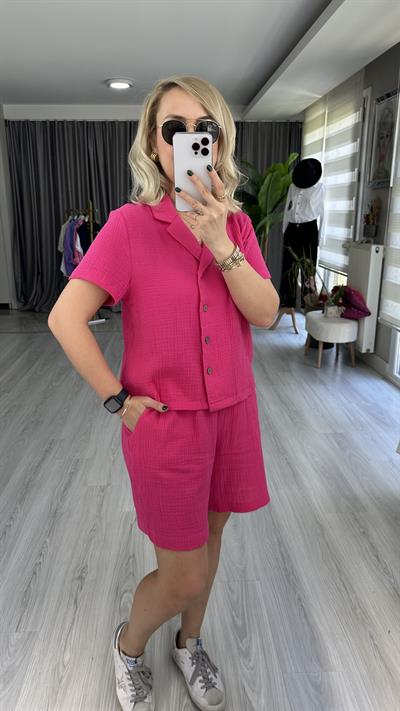 ŞEHİR BOY ŞORTLU, MÜSLİN, PEMBE İKİLİ TAKIM