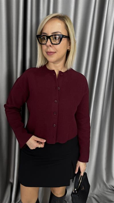 Önden Düğmeli Basic Bordo Triko Hırka
