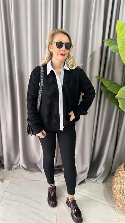 SELANİK ÖRGÜ KOT GARNİLİ SİYAH HIRKA