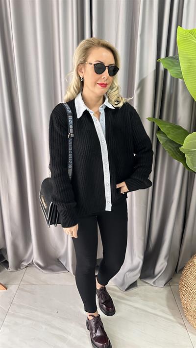 SELANİK ÖRGÜ KOT GARNİLİ SİYAH HIRKA