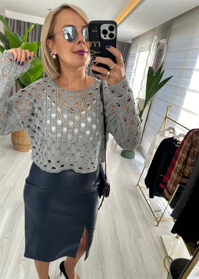 Simli Ajurlu Gri Triko