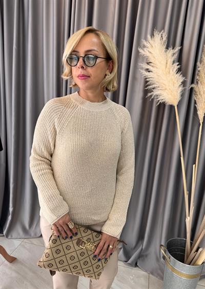 Simli Krem Yırtmaçlı Kazak