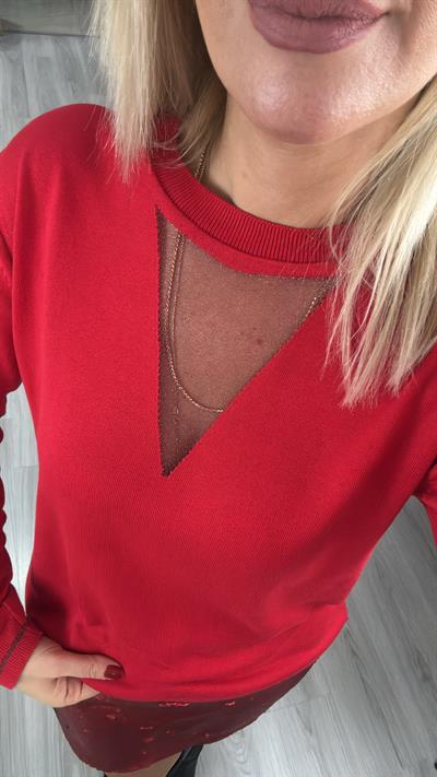 Simli Üçgen Yaka Kırmızı Triko