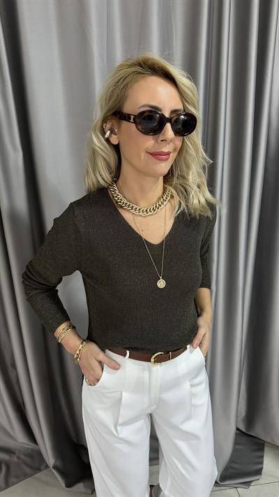 Simli V Yaka Uzun Kol Haki Triko