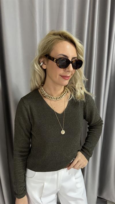 Simli V Yaka Uzun Kol Haki Triko