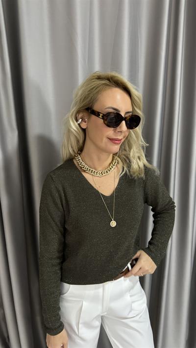 Simli V Yaka Uzun Kol Haki Triko