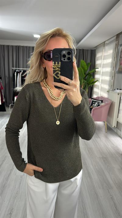 Simli V Yaka Uzun Kol Haki Triko