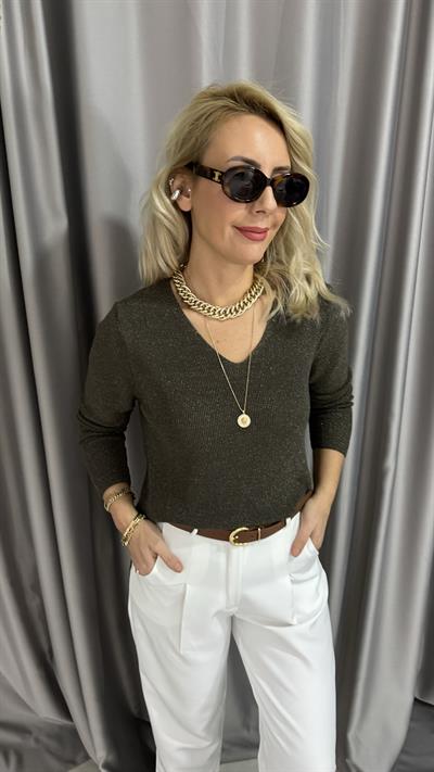 Simli V Yaka Uzun Kol Haki Triko