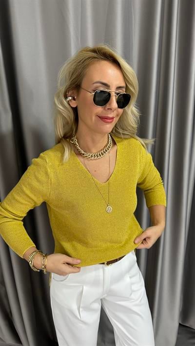 Simli V Yaka Uzun Kol Hardal Triko