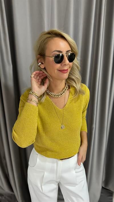 Simli V Yaka Uzun Kol Hardal Triko