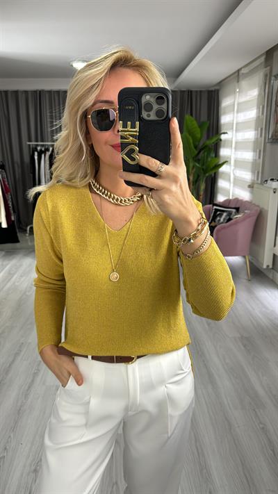 Simli V Yaka Uzun Kol Hardal Triko