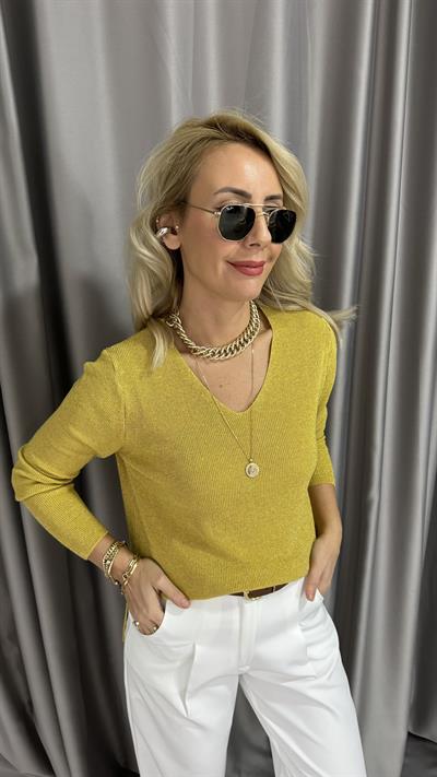 Simli V Yaka Uzun Kol Hardal Triko