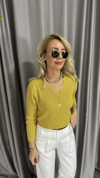 Simli V Yaka Uzun Kol Hardal Triko