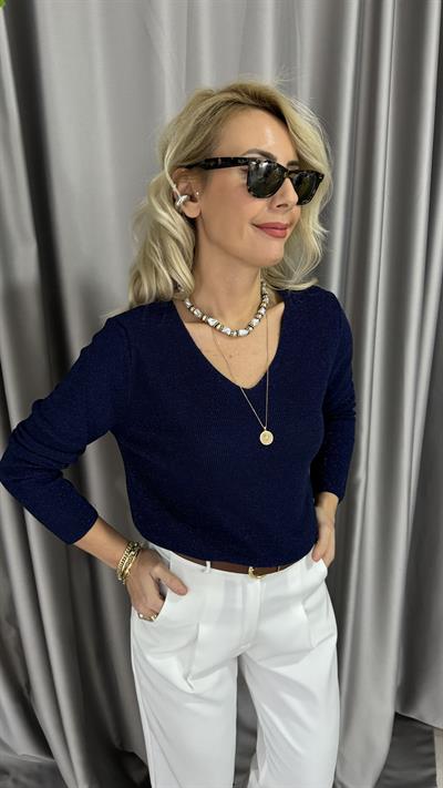 Simli V Yaka Uzun Kol Lacivert Triko