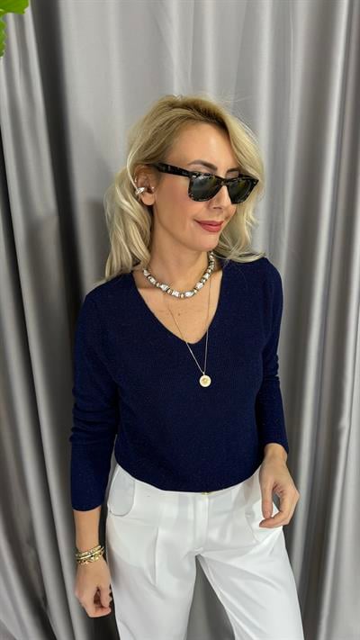 Simli V Yaka Uzun Kol Lacivert Triko
