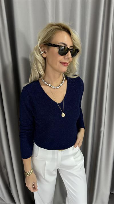 Simli V Yaka Uzun Kol Lacivert Triko