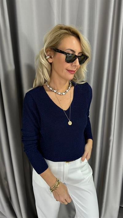 Simli V Yaka Uzun Kol Lacivert Triko