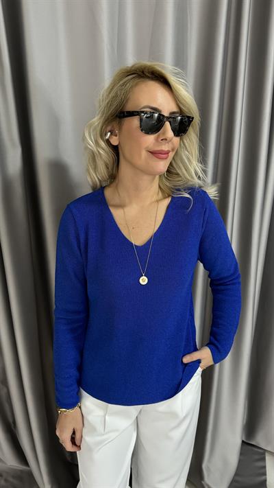 Simli V Yaka Uzun Kol Saks Mavisi Triko